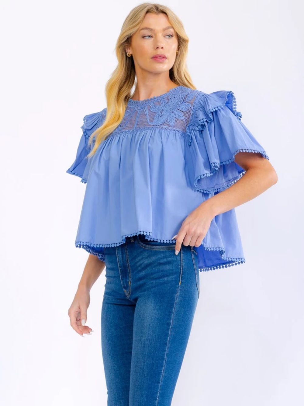 161 • Last One!...Bird Embroidery Blue Lace Yoke Flutter Sleeve Top